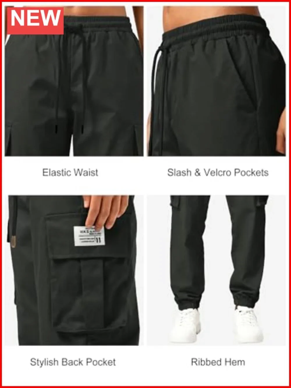 Men's Casual Cargo Pants Elastic Waist Drawstring Tapered Joggers Hiking with